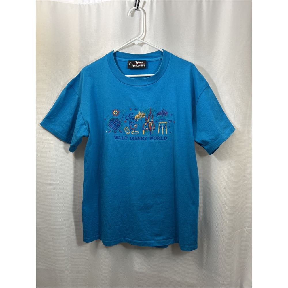 Vintage 90s Walt Disney World Embroidered Theme Parks T Shirt L XL Blue USA Made